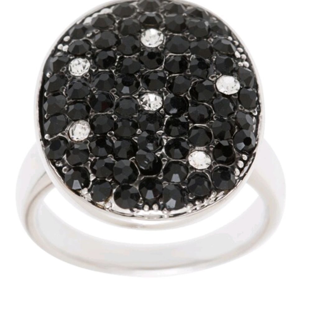 Silvertone Black and White Crystal Oval Ring